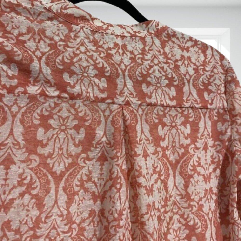 DNA Couture Pattern V-Neck Blouse Small S Sheer Rust Floral Button Tab Sleeve - Picture 7 of 11